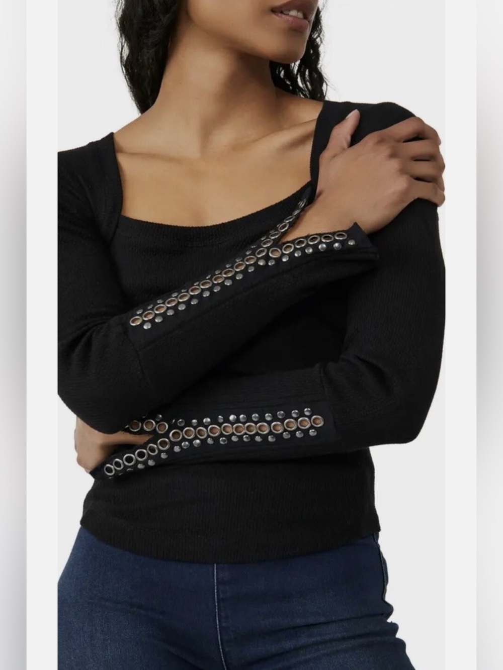 Free People A Little Unruly Black Waffle Stud Long Sleeve Ribbed Top Shirt L - Picture 12 of 15